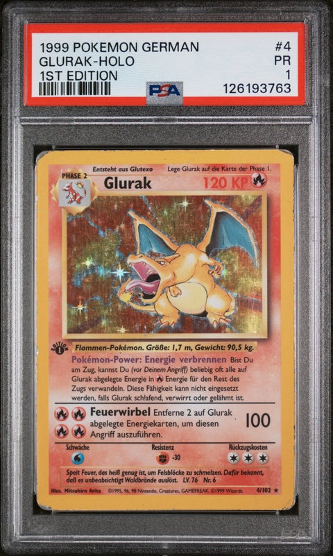 1999 Pokémon 4 Glurak Holo 1st Edition PSA 1 (DE) - underpaidcollectibles