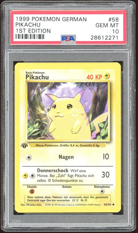 1999 Pokémon 58 Pikachu 1st Edition PSA 10 (DE) - underpaidcollectibles