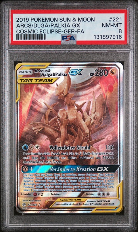 2019 Pokémon Cosmic Eclipse Arceus & Dialga & Palkia GX 221 PSA 8 Deutsch - underpaidcollectibles