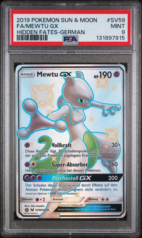 2019 Pokémon S&M Hidden Fates Mewtu GX SV59 Full Art PSA 9 Deutsch - underpaidcollectibles