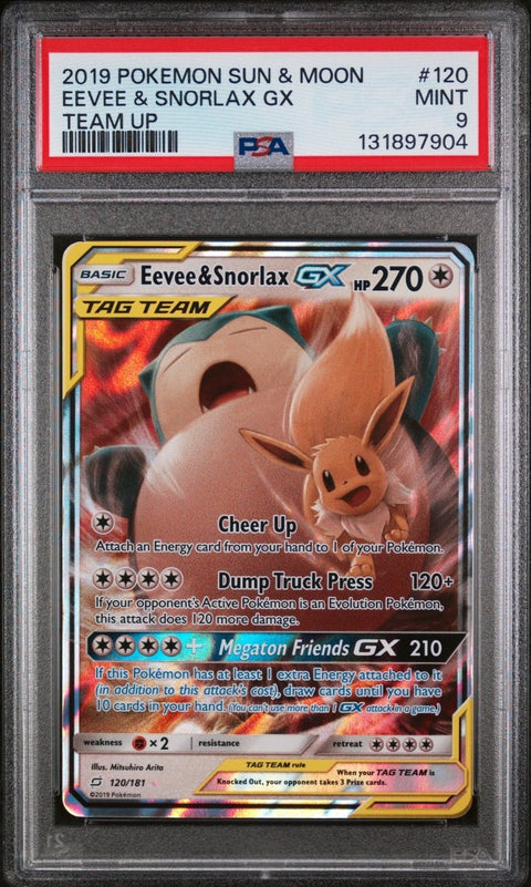 2019 Pokémon Sun & Moon Team Up Eevee & Snorlax GX 120 PSA 9 - underpaidcollectibles