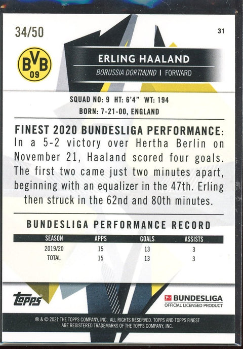 2021 Topps Finest Bundesliga Erling Haaland Gold /50 - underpaidcollectibles