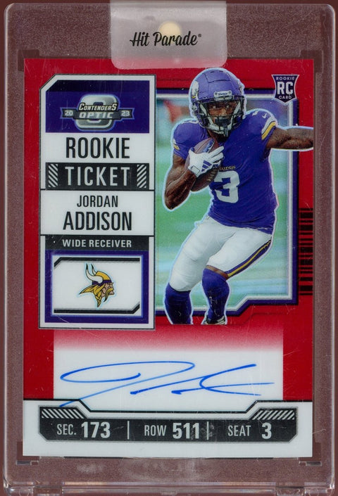 2023 Panini Contenders Optic Football Jordan Addison Rookie Ticket Red Auto /125 - underpaidcollectibles