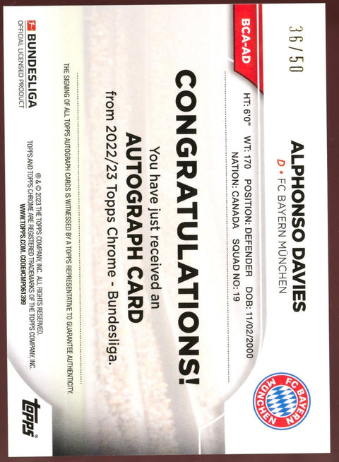 2023 Topps Chrome Bundesliga Alphonso Davies Gold Auto /50 - underpaidcollectibles