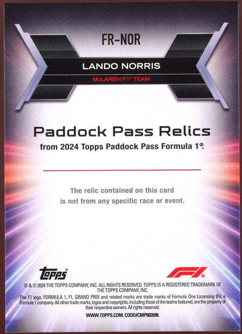 2024 Topps Paddock Pass Formula 1 Lando Norris Relic /35 FR-NOR - underpaidcollectibles