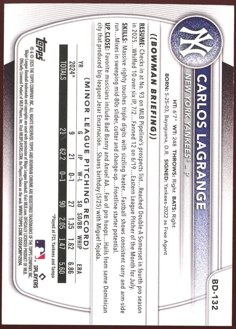 2025 Bowman Baseball Carlos Lagrange Orange BD-132 /25 - underpaidcollectibles