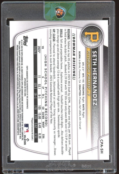 2025 Bowman Draft Seth Hernandez Chrome Auto Aqua Lava Refractor 1st /199 - underpaidcollectibles