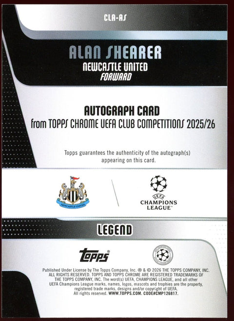 2025/26 Topps Chrome UCC Alan Shearer Newcastle Blue Auto /150 - underpaidcollectibles