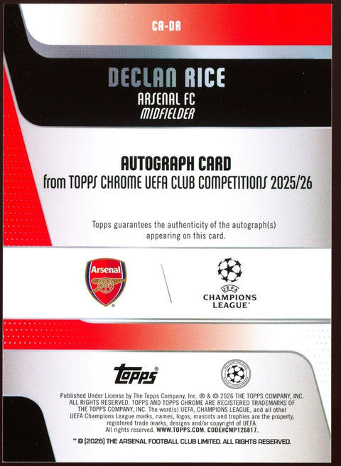 2025/26 Topps Chrome UEFA Club Competitions Declan Rice Purple Auto /75 - underpaidcollectibles