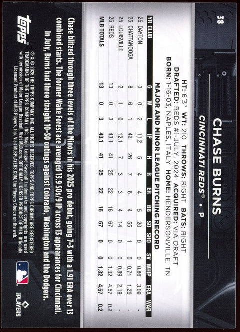 2026 Topps Chrome Black MLB Chase Burns Rookie Blue /150 - underpaidcollectibles