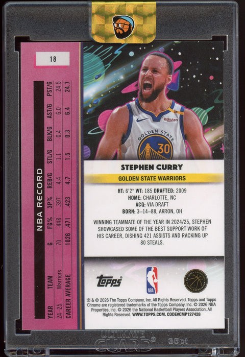 2025-26 Topps Cosmic Chrome Basketball NBA Stephen Curry No. 18 Gold Interstellar Refractor /50