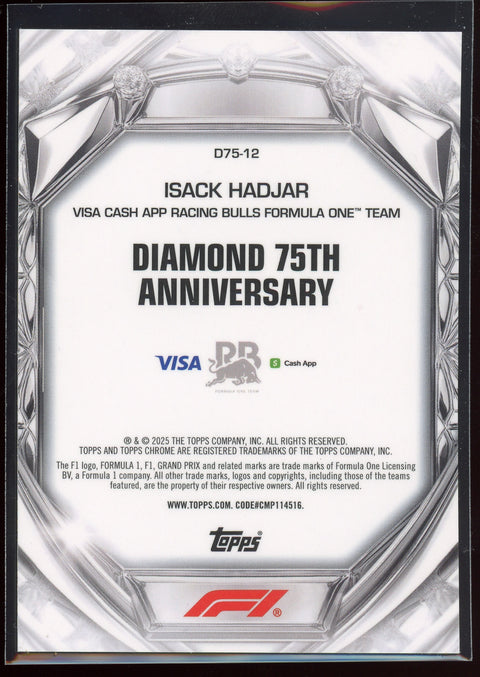 2025 Topps Chrome Formula 1 Isack Hadjar Diamond 75th Anniversary Orange /25 Rookie #D75-12