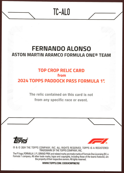 2024 Topps Paddock Pass Formula 1 Fernando Alonso Top Crop Relic /35
