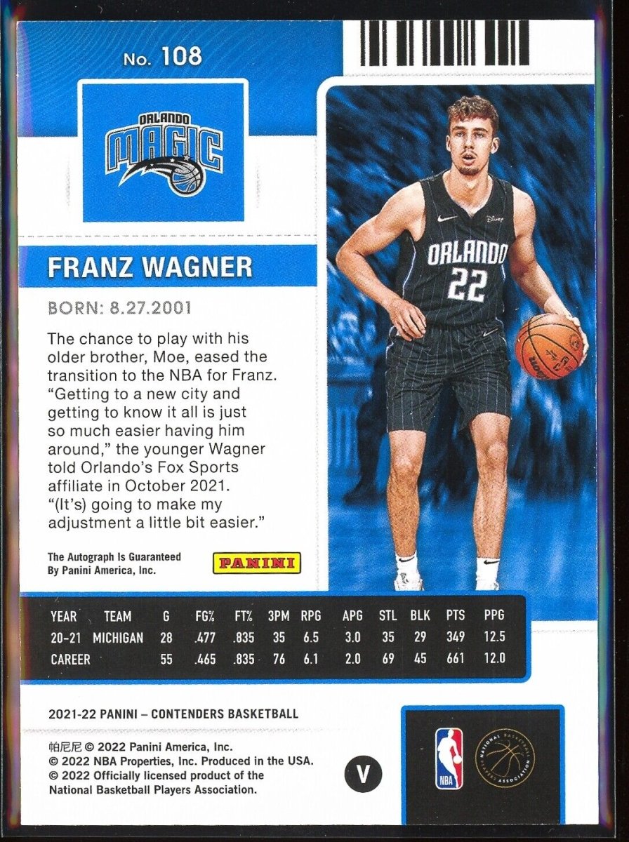 2021-22 Panini NBA Contenders Franz Wagner Rookie Card Playoff Ticket Auto /99 V