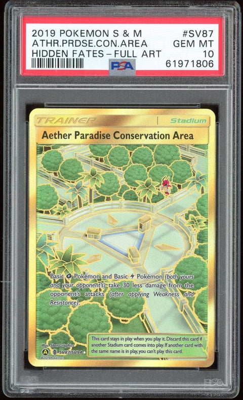 PSA 10 Pokemon Aether Paradise Conservation Area Gold 2019 Hidden Fates SV87 - underpaidcollectibles