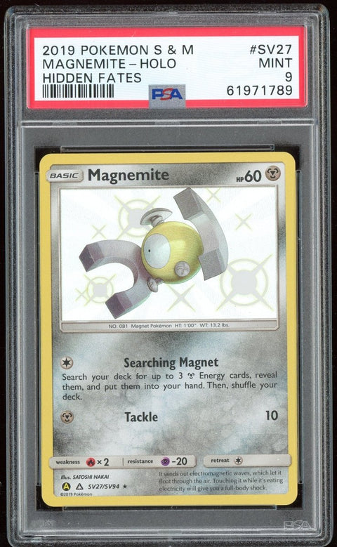 PSA 9 Pokemon Magnemite Shiny 2019 Hidden Fates #SV27 - underpaidcollectibles